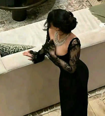 Elegant Black Mermaid Long Sleeve Lace Backless Prom Dress Evening Dress SH7089
