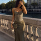 Olive Green Sheath Spaghetti Strap Lace Satin Prom Dress Evening Dress SH7256