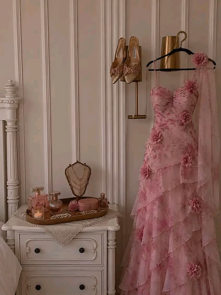 Pink A Line Spaghetti Straps 3D Flower Layered Print Chiffon Prom Dress Evening Dress SH6449