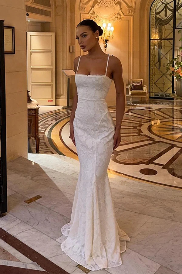 Elegant Ivory Mermaid Spaghetti Straps Lace Prom Dress Evening Dress SH5768