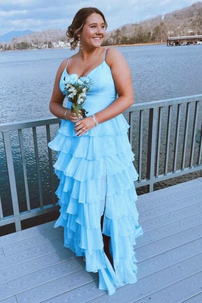 Light Blue Chiffon Straps Layered Ruffle A-Line Long Prom Dress SH8194
