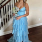 Light Blue Chiffon Straps Layered Ruffle A-Line Long Prom Dress SH8194