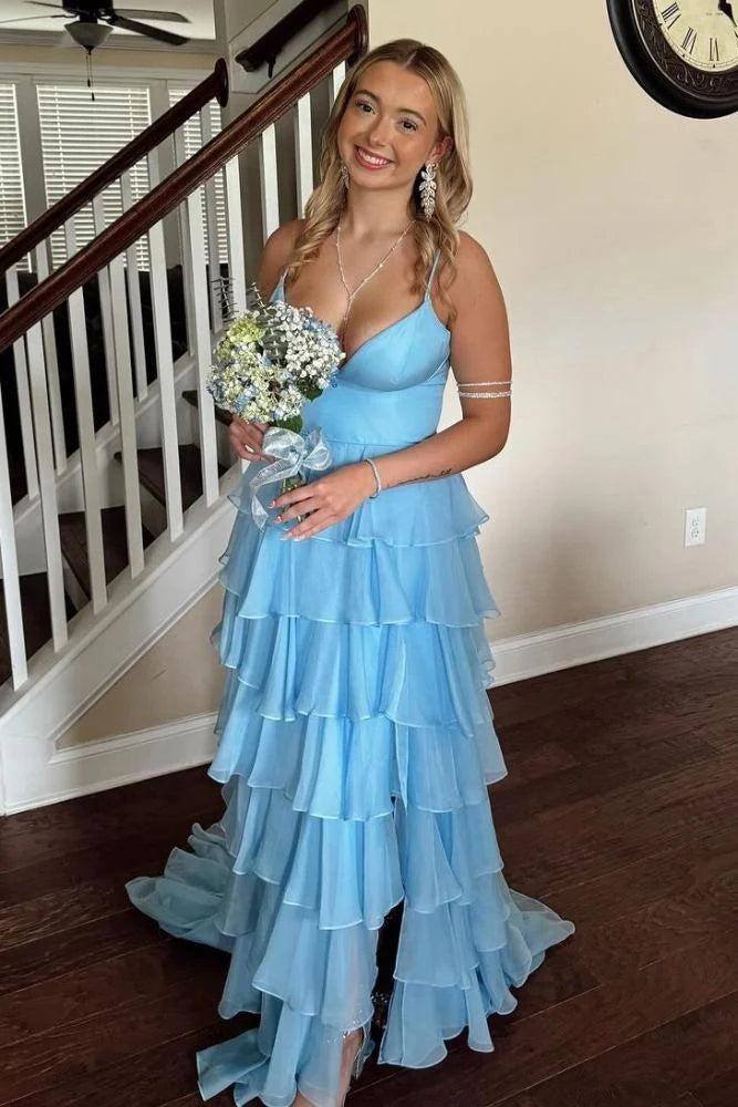 Light Blue Chiffon Straps Layered Ruffle A-Line Long Prom Dress SH8194
