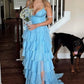 Light Blue Chiffon Straps Layered Ruffle A-Line Long Prom Dress SH8194
