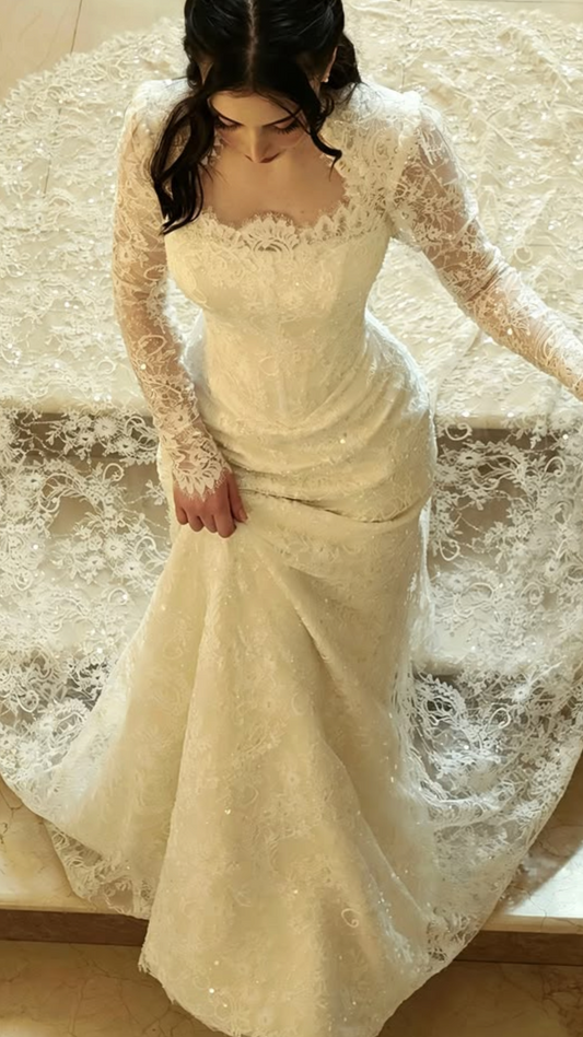 Luxurious Ball Gown Long Sleeve Corset White Sequin Beaded Lace Long Wedding Dress SH7097