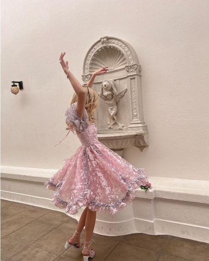 Princess Print Short Sleeve Pink Tulle A-Line Birthday Skirt Homecoming Dress SH6159