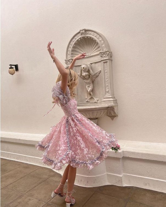 Princess Print Short Sleeve Pink Tulle A-Line Birthday Skirt Homecoming Dress SH6159