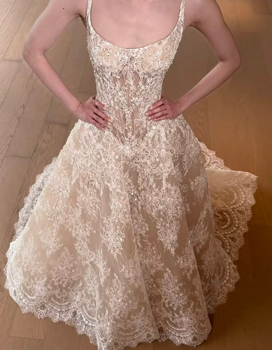 Apricot Fairy A Line Spaghetti Strap Lace Long Wedding Dress SH7342