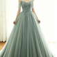 sage green tulle long ball gown with spaghetti straps, sage green sweet 16 dress prom gown P6154