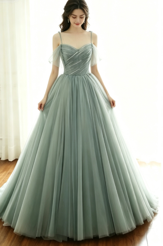 sage green tulle long ball gown with spaghetti straps, sage green swee shinydress sage green tulle long ball gown with spaghetti straps, sage green swee shinydress