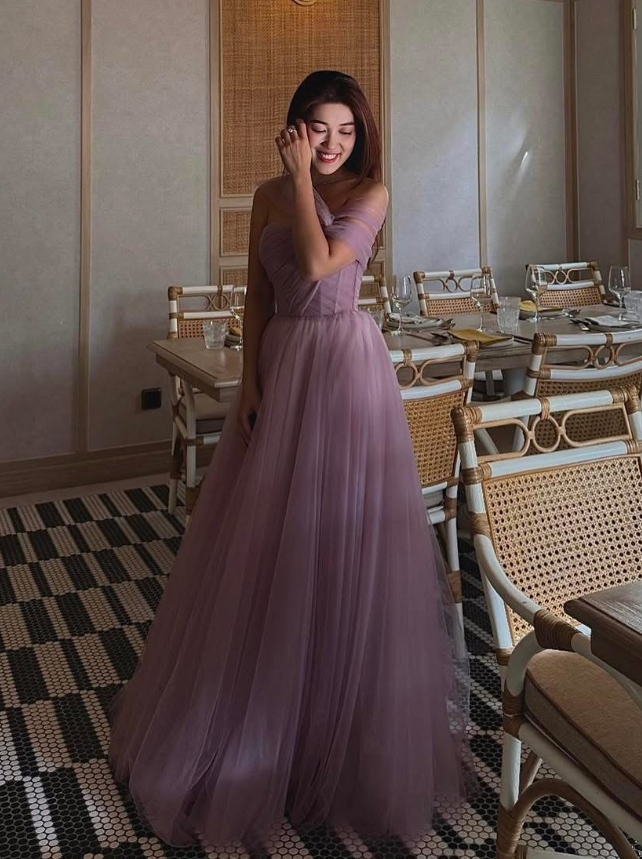 Purple A Line One Shoulder Flowy Tulle Long Prom Dress Graduation Prom Dress SH5298