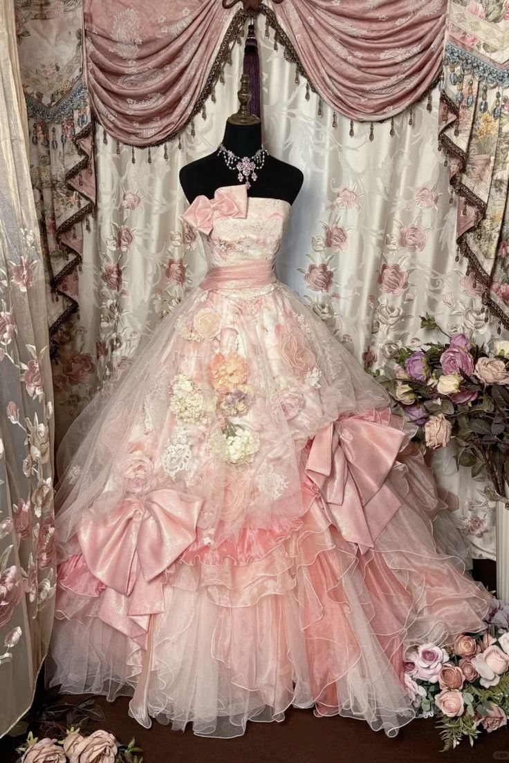 Vintage Light Pink Ball Gown Strapless Floral Layered Organza Prom Dress 16th Birthday Dress SH4521