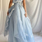 Baby Blue A Line Sweetheart Neck White Lace Chiffon Long Prom Dress Party Dress SH3658
