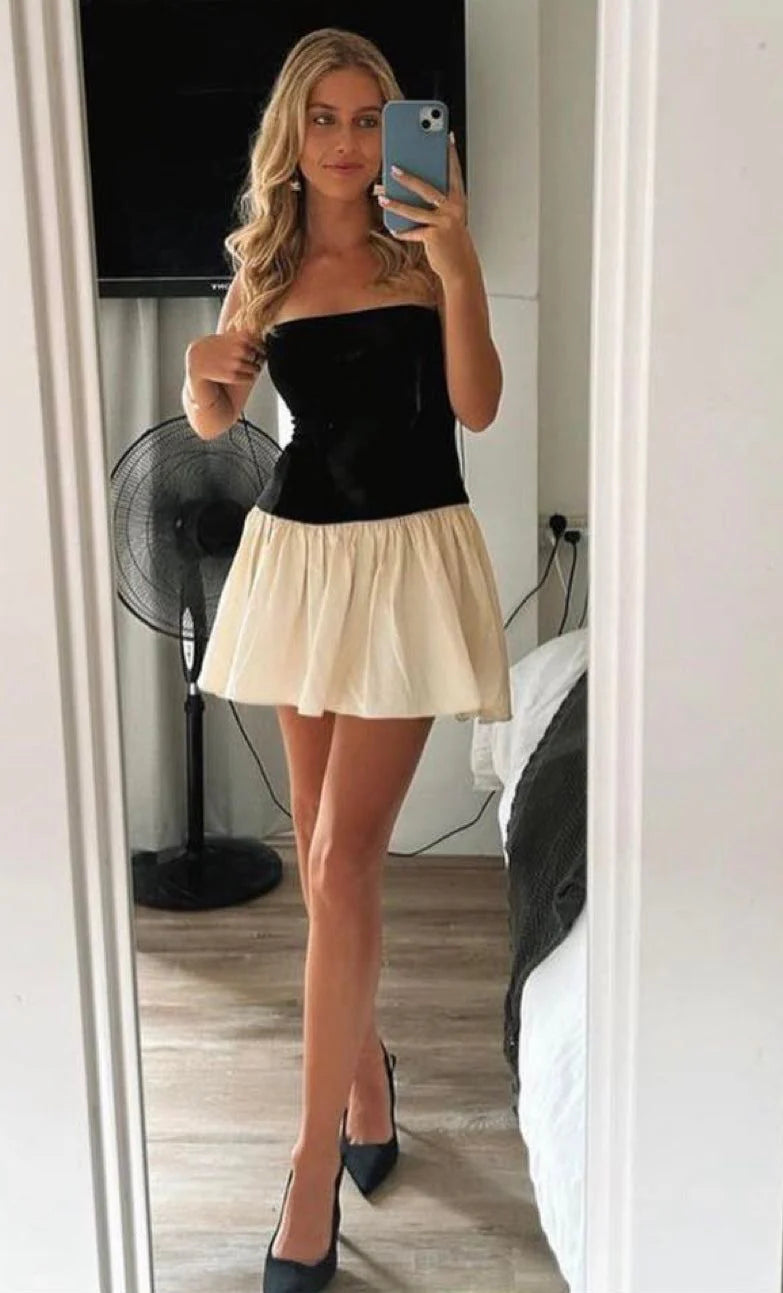 Cute A Line Strapless Black White Satin Short Homecoming Dress Outfits SH1782