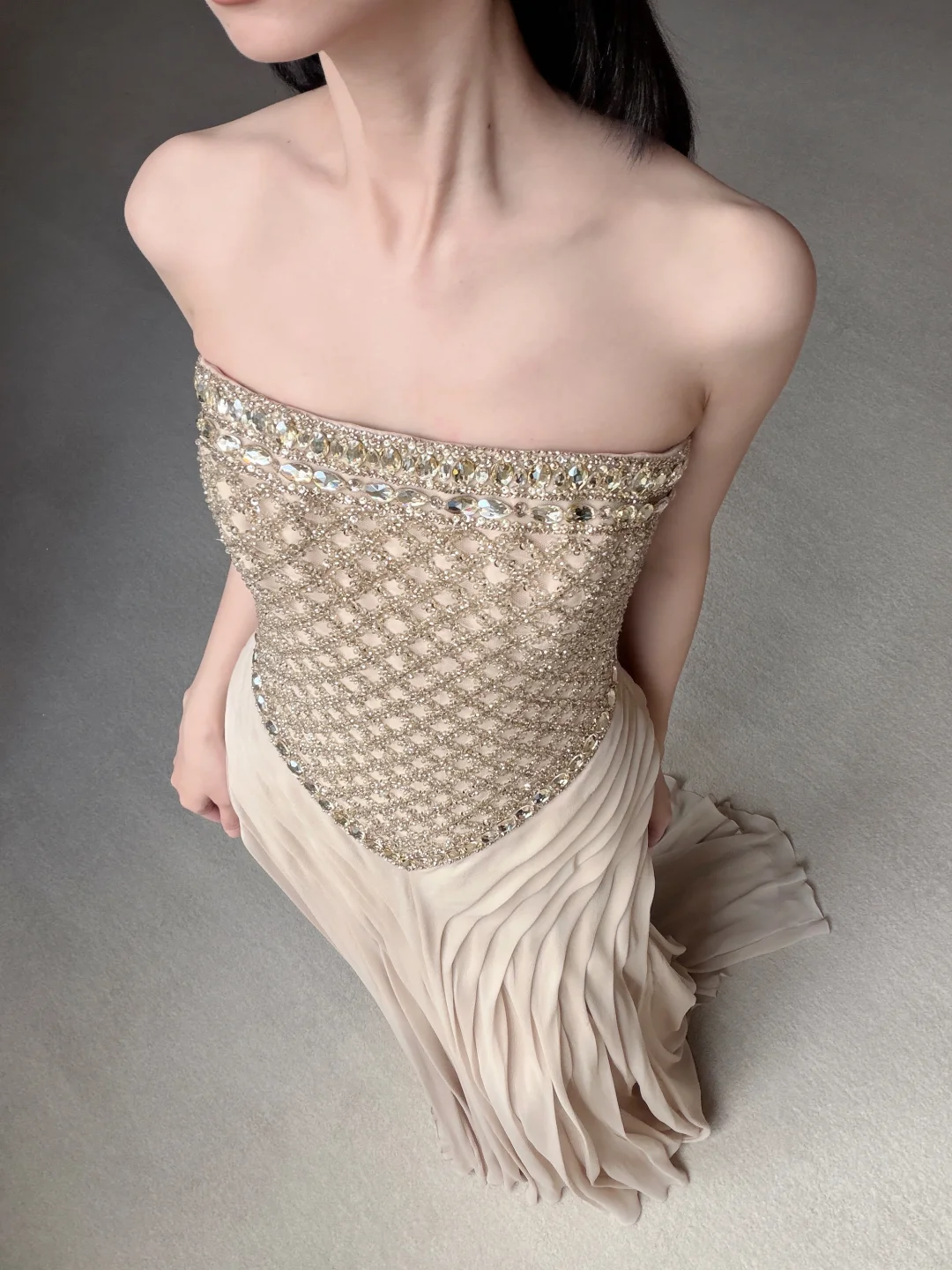Gentle A Line Strapless Exquisite Beaded Nude Chiffon Prom Dress Evening Dress SH7717