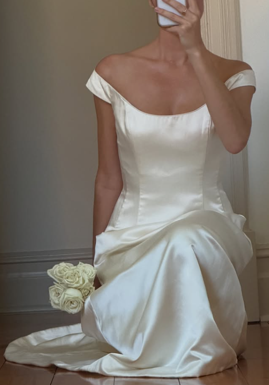 Vintage Simple High-class A Line Strap White Satin Wedding Dress SH8467