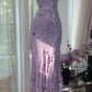 Gentle Retro Mermaid Straps Print Floral Purple Satin Prom Dress Formal Dress SH4021