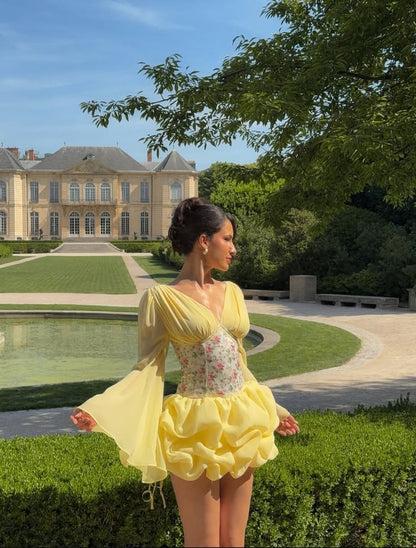 Unique Yellow A Line Long Sleeve Print Floral Chiffon Short Homecoming Dress Outfits SH6728