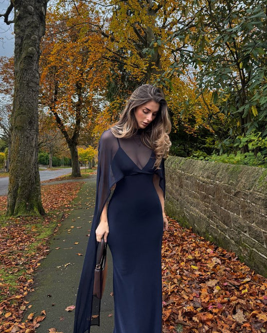 Navy Blue Elegant Sheath V Neck Satin Chiffon Prom Dress Wedding Guest Dress SH5322