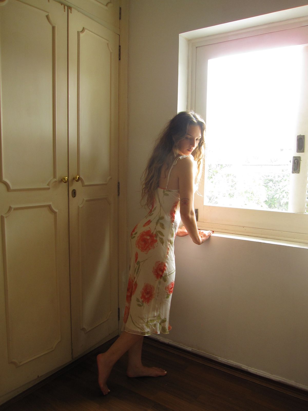 Gentle Sheath Straps Printed Floral Chiffon Tea Length Vacation Dress Outfits SH4517