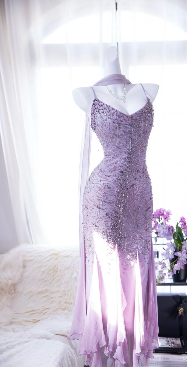 Gentle Mermaid Spaghetti Strap Beaded Purple Chiffon Party Dress Evening Dress SH2717
