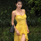 Sexy Yellow Mermaid Spaghetti Straps Tulle Prom Dress Outfits with Slit SH5311
