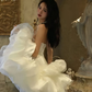 Elegant A Line Strapless White Lace Satin Long Sweep Prom Dress Wedding Dress SH4647