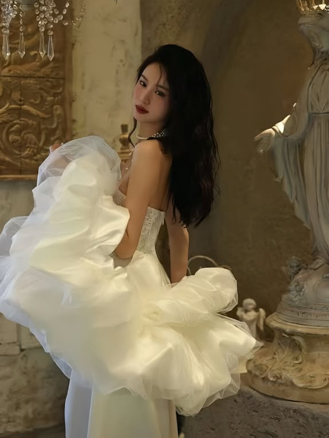 Elegant A Line Strapless White Lace Satin Long Sweep Prom Dress Wedding Dress SH4647