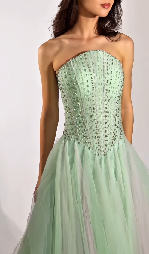 Fairy Green A Line Strapless Exquisite Beaded Tulle Prom Dress Evening Dress SH6753