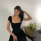 Elegant Black A Line Strap Satin Prom Dress Evening Dress SH7287