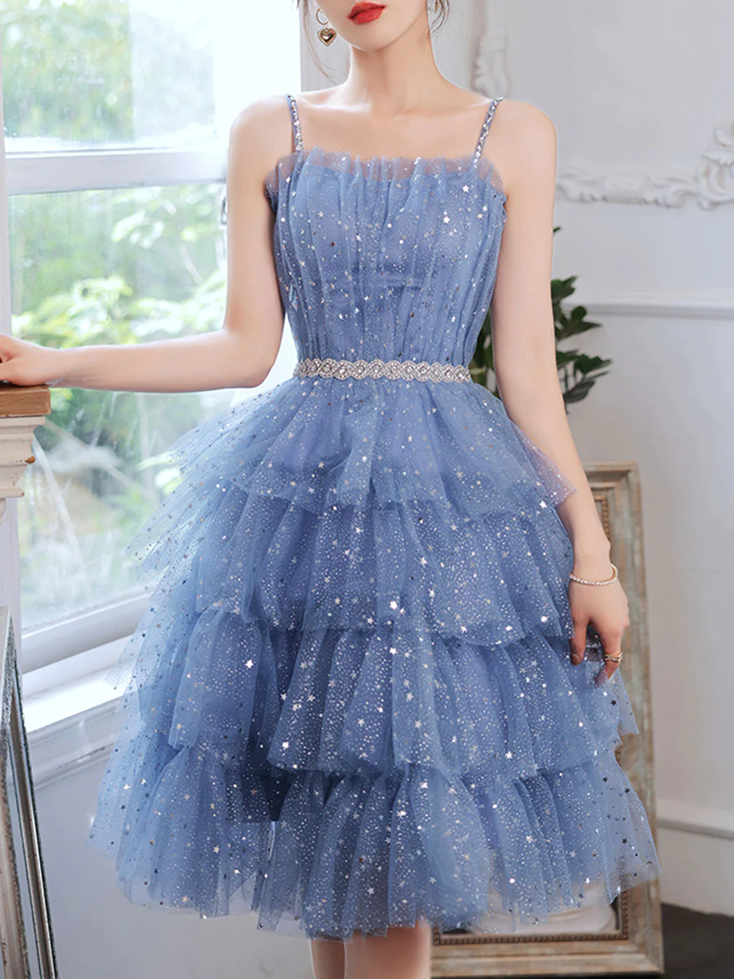 Shiny Short Puffy Blue Prom Dress A-Line Puffy Homecoming Dress SH573