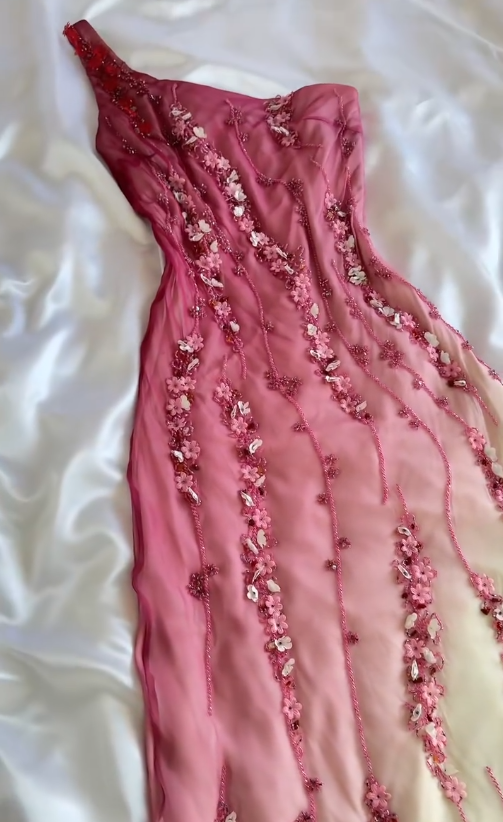 Vintage Pink Ombre Exquisite Floral Beaded Chiffon Long Prom Dress SH5456