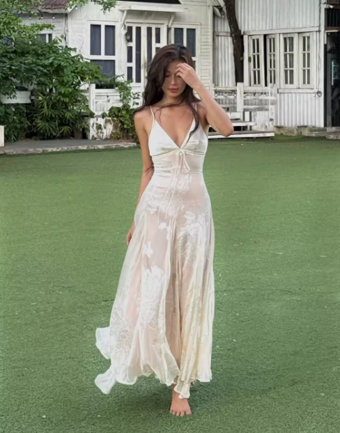 Elegant A Line Spaghetti Strap Print Floral Satin Long Party Dress Wedding Guest Dress SH3154