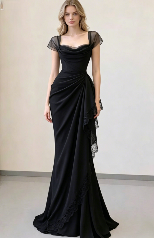 Elegant Black Mermaid Straps Pleated Chiffon Prom Dress Evening Dress SH5498