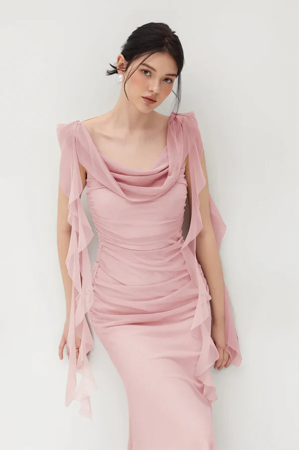 Pink Mermaid Strap Ruffle Chiffon Prom Dress Evening Dress SH5760