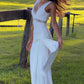Elegant White Sheath V Neck Lace Satin Long Prom Dress Evening Dress SH5762