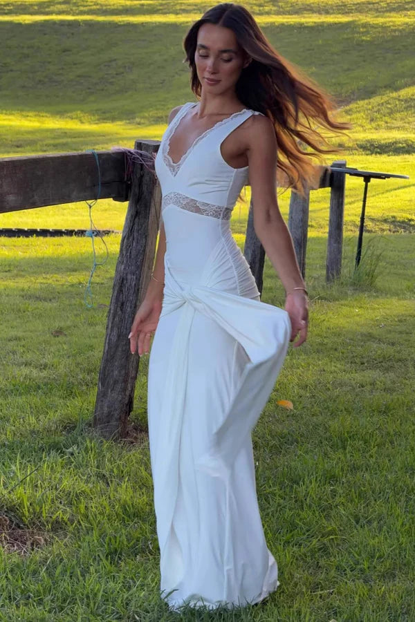 Elegant White Sheath V Neck Lace Satin Long Prom Dress Evening Dress SH5762