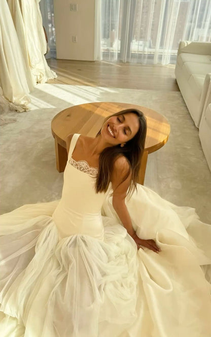 Unique A Line Spaghetti Strap White Satin Tulle Long Wedding Dress SH7270