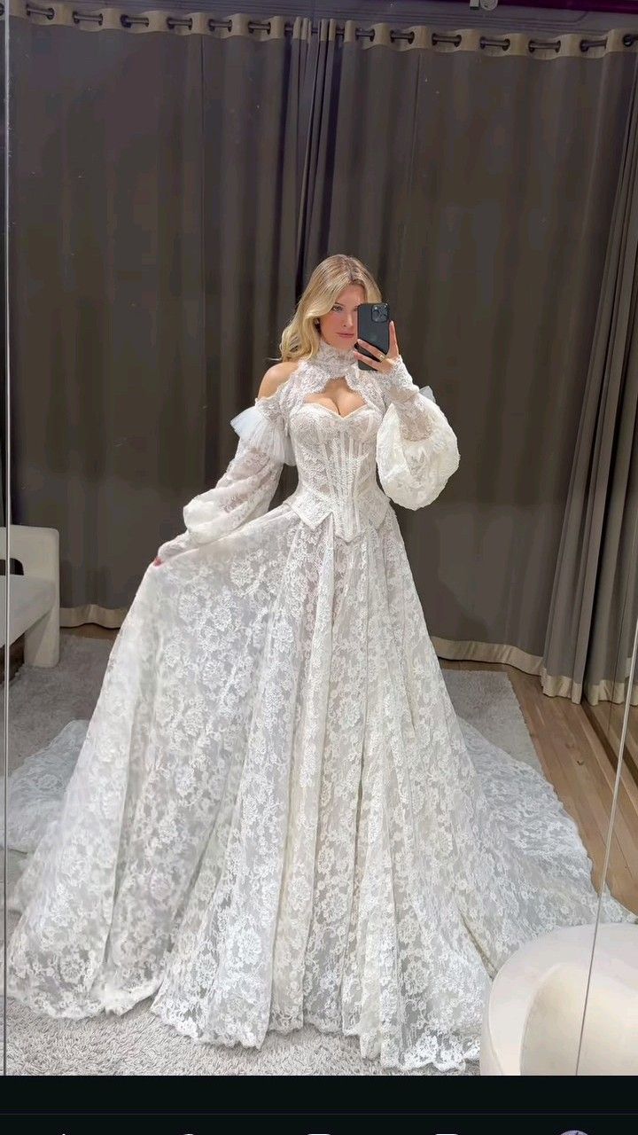 Stunning Ball Gown Long Sleeve High Neck Corset White Lace Long Wedding Dress SH7098