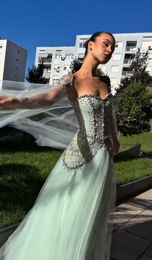 Summer Green A Line Beaded Flowy Tulle Long Prom Dress Evening Dress SH6758