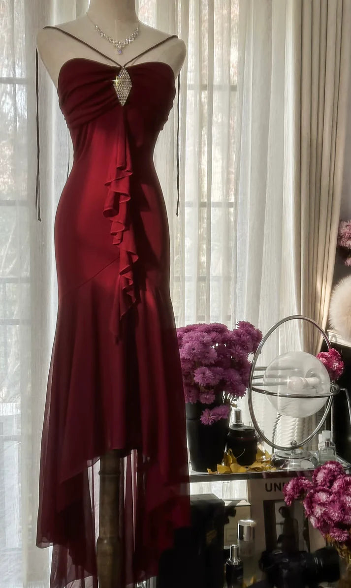 Burgundy Mermaid Halter Rhinestone Ruffle Chiffon Prom Dress Graduation Prom Dress SH2527