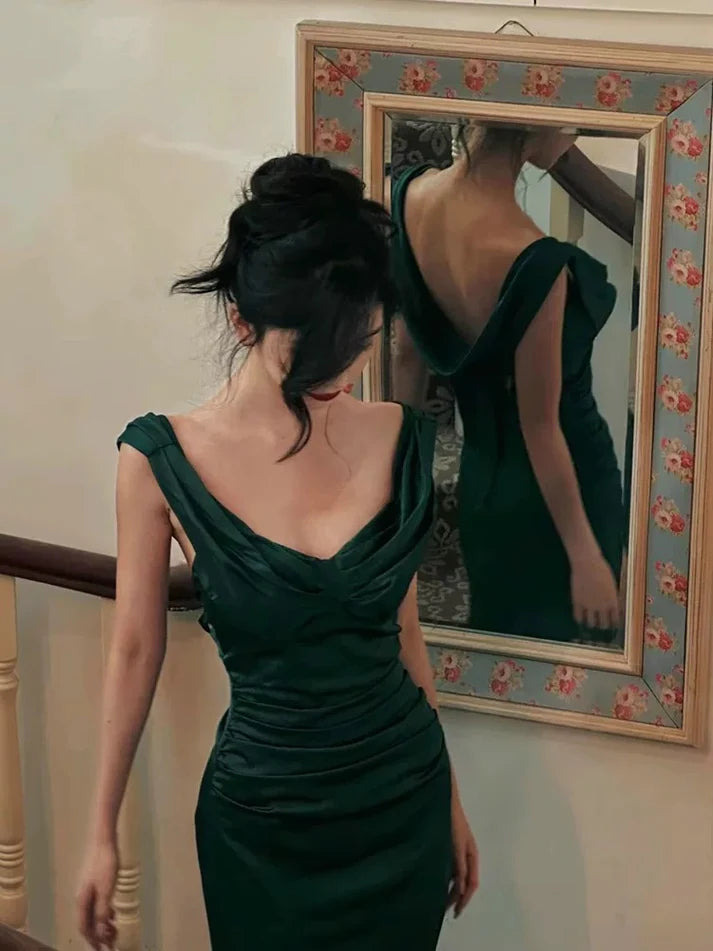 Charming Sheath Strap Green Satin Prom Dress Graduation Prom Dress SH2620