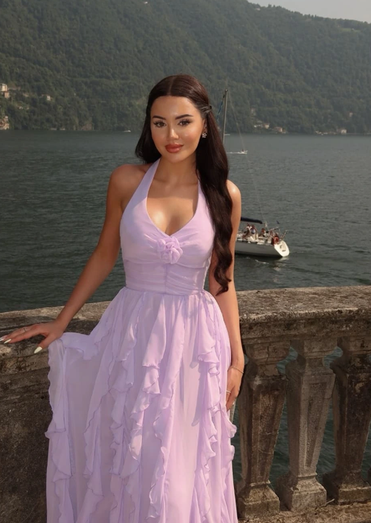Gentle Purple A Line Halter Ruffle Chiffon Long Prom Dress Wedding Guest Dress SH5163