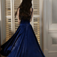 Elegant Navy Blue A Line Straps Satin Wedding Guest Dress Prom Dress SH5222