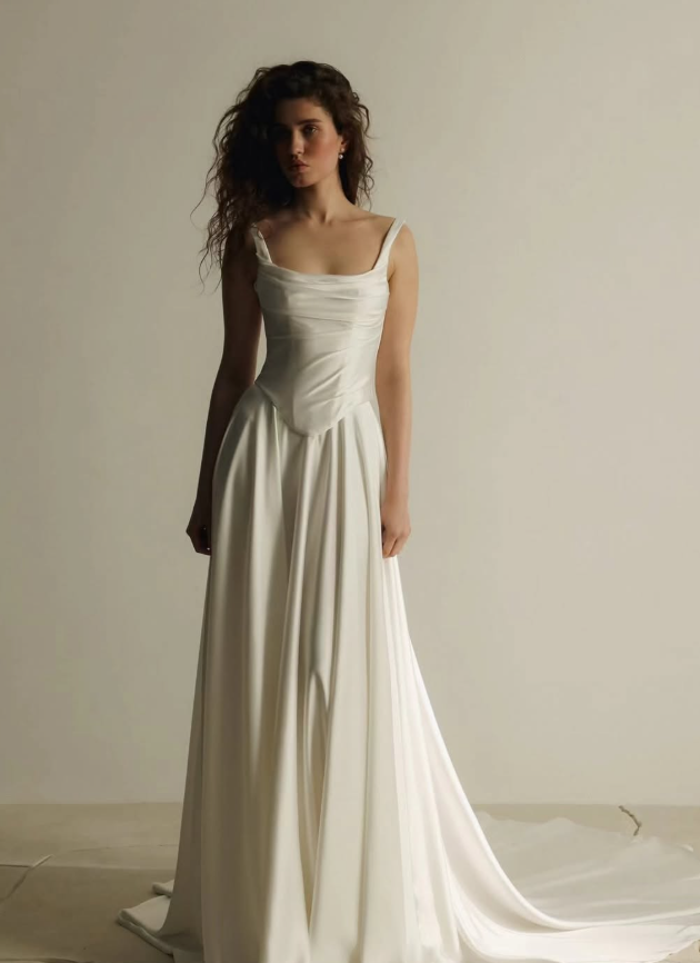 Classic Simple A Line Strap White Satin Long Wedding Dress SH7357