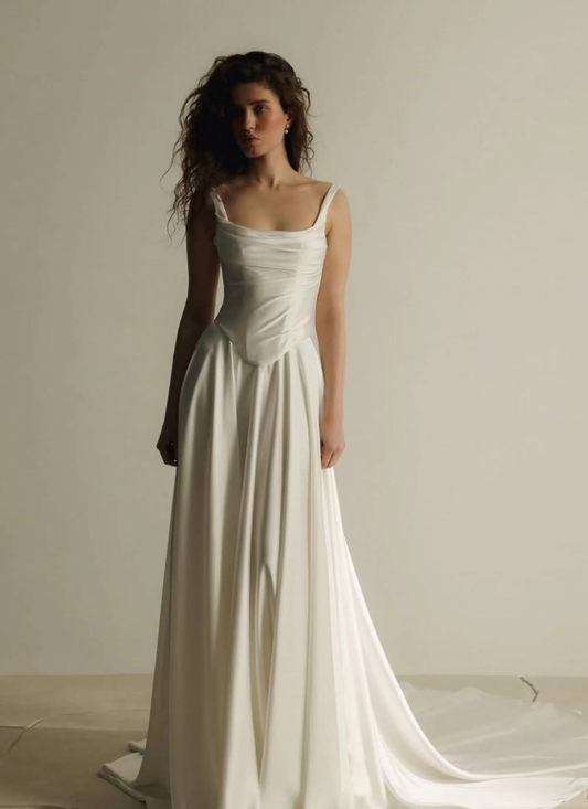 Classic Simple A Line Strap White Satin Long Wedding Dress SH7357