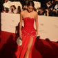 Sexy Red A Line Strapless Beaded Chiffon Satin Long Prom Dress Party Dress with Slit SH4816