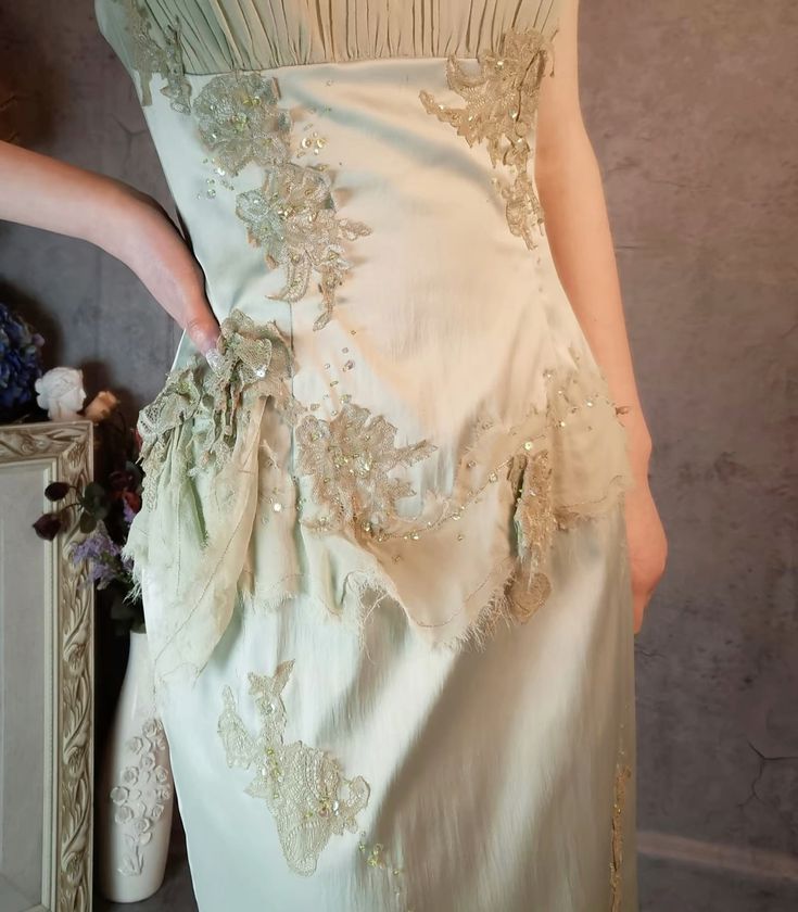 Gentle Green Sheath Spaghetti Strap Appliques Satin Chiffon Prom Dress Evening Dress SH2668