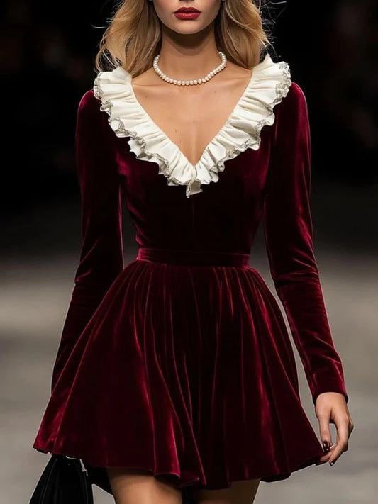 Burgundy A Line Long Sleeve White Ruffle Velvet Short Homecoming Dress Cocktail Dress SH3697