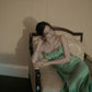 Vintage A Line Spaghetti Strap Beaded Green Satin Party Dress Evening Dress SH2864